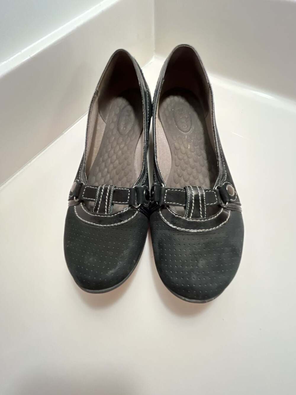 Privo by Clarks Black Perforated Leather Slip-On Flats Mary Jane Shoes
